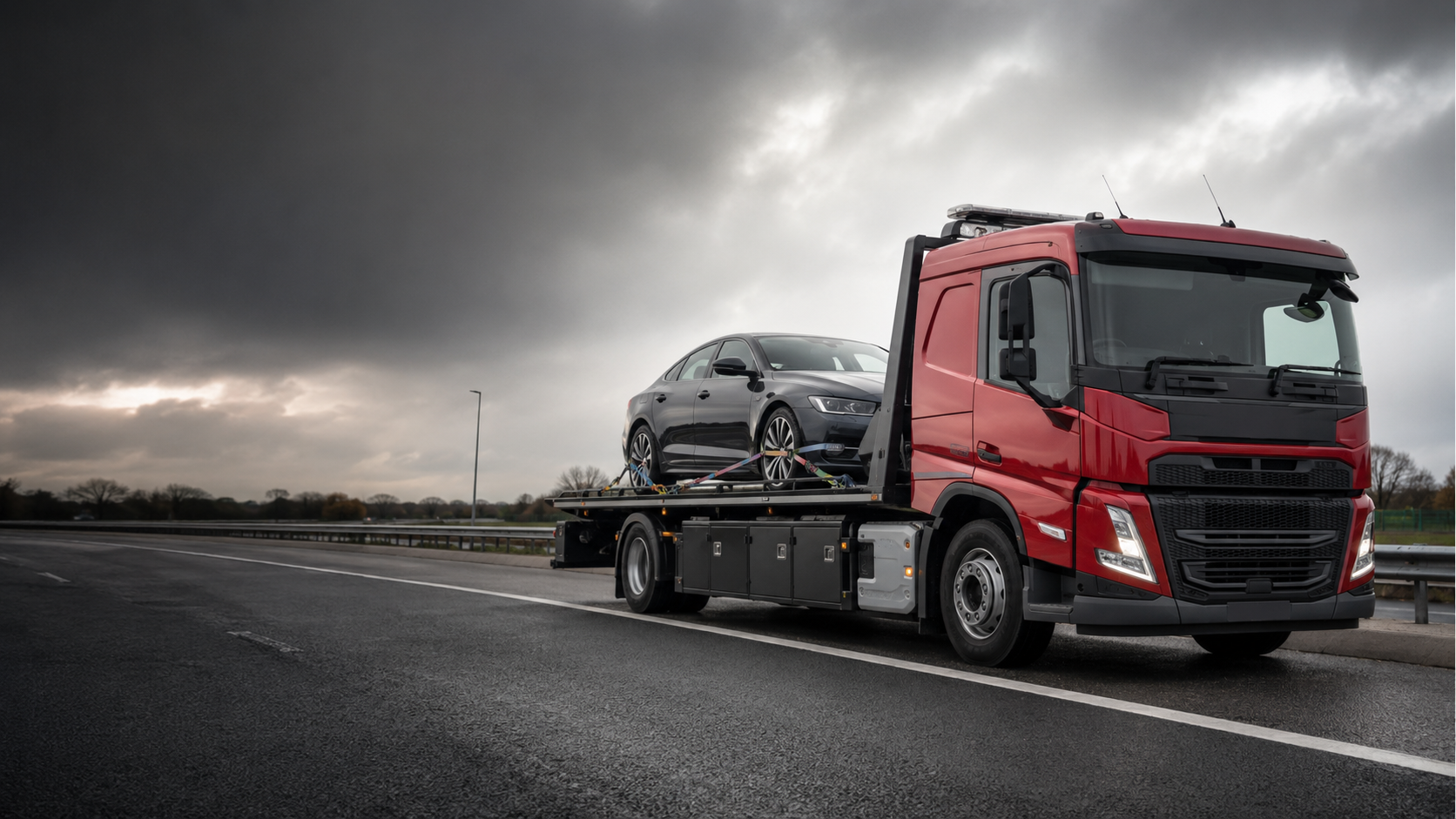 Recovery truck transporting a car on a UK motorway
